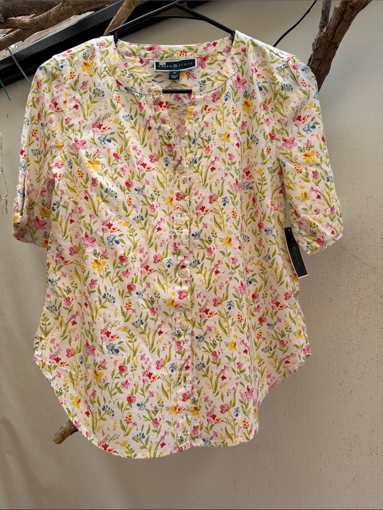 Karen Scott Tops - Karen Scott White Button-Front Floral Blouse with Pink, Blue & Green Print